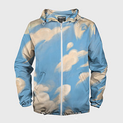 Ветровка с капюшоном мужская Рисунок голубого неба с облаками маслом, цвет: 3D-белый