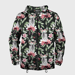 Ветровка с капюшоном мужская Ламы и цветы паттерн, цвет: 3D-черный
