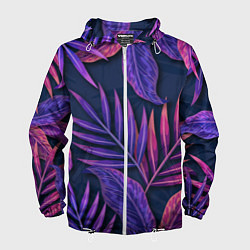 Ветровка с капюшоном мужская Neon Tropical plants pattern, цвет: 3D-белый