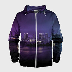 Ветровка с капюшоном мужская Неоновый город с рекой - Фиолетовый, цвет: 3D-белый