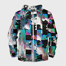 Ветровка с капюшоном мужская Glitch Abstract squares Глитч Абстрактные квадраты, цвет: 3D-белый
