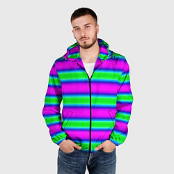 Ветровка с капюшоном мужская Зеленый и фиолетовые яркие неоновые полосы striped, цвет: 3D-черный — фото 2