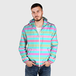 Ветровка с капюшоном мужская Pink turquoise stripes horizontal Полосатый узор, цвет: 3D-белый — фото 2