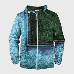 Ветровка с капюшоном мужская Абстрактные лёд и трава - Синезелёный, цвет: 3D-белый