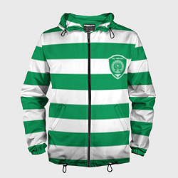 Ветровка с капюшоном мужская ФК Ахмат на фоне бело зеленой формы, цвет: 3D-черный