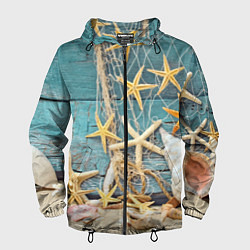 Ветровка с капюшоном мужская Натюрморт из сети, морских звёзд и ракушек - лето, цвет: 3D-черный