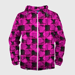 Ветровка с капюшоном мужская Black and pink hearts pattern on checkered, цвет: 3D-белый