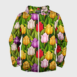 Ветровка с капюшоном мужская Объемные разноцветные тюльпаны, цвет: 3D-белый