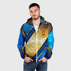 Ветровка с капюшоном мужская Золотой герб России на синем объемном фоне, цвет: 3D-белый — фото 2