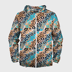 Ветровка с капюшоном мужская Леопардовый узор на синих, бежевых диагональных по, цвет: 3D-белый