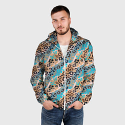 Ветровка с капюшоном мужская Леопардовый узор на синих, бежевых диагональных по, цвет: 3D-белый — фото 2