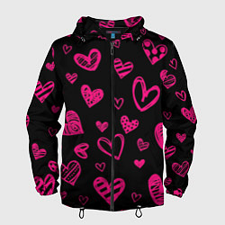 Ветровка с капюшоном мужская Розовые сердца, цвет: 3D-черный