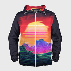 Ветровка с капюшоном мужская Синтвейв неоновые горы на закате, цвет: 3D-белый
