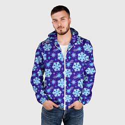 Ветровка с капюшоном мужская Снежинки со звездами в синем небе, цвет: 3D-белый — фото 2