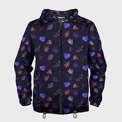 Ветровка с капюшоном мужская Паттерн с сердечками и цветами, цвет: 3D-черный