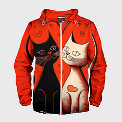 Ветровка с капюшоном мужская Влюблённые кошки на красном фоне, цвет: 3D-белый