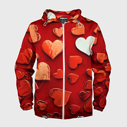 Ветровка с капюшоном мужская Красные сердца на красном фоне, цвет: 3D-белый