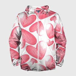 Ветровка с капюшоном мужская Розовые акварельные сердца - паттерн, цвет: 3D-белый