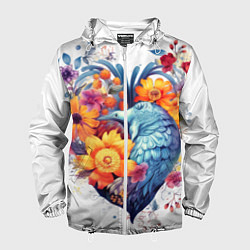 Ветровка с капюшоном мужская Цветочное сердце с птицами, цвет: 3D-белый