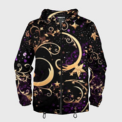 Ветровка с капюшоном мужская Чёрный паттерн со звёздами и лунами, цвет: 3D-черный