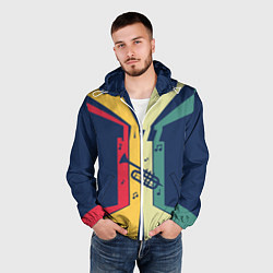 Ветровка с капюшоном мужская Труба в разноцветных полосах Jazz music, цвет: 3D-белый — фото 2