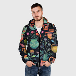 Ветровка с капюшоном мужская Паттерн из цветочных горшков, цвет: 3D-черный — фото 2
