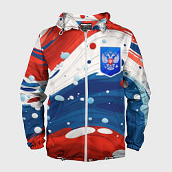 Ветровка с капюшоном мужская Триколор брызги краски и герб РФ, цвет: 3D-белый