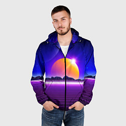 Ветровка с капюшоном мужская Mountains - sun - space - vaporwave, цвет: 3D-черный — фото 2