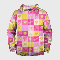 Ветровка с капюшоном мужская Барби: желтые и розовые квадраты паттерн, цвет: 3D-белый