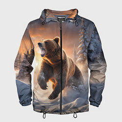 Ветровка с капюшоном мужская Бурый медведь в лесу, цвет: 3D-черный