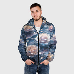 Ветровка с капюшоном мужская Белые розы на воде, цвет: 3D-черный — фото 2