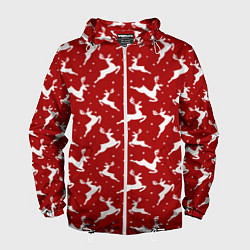 Ветровка с капюшоном мужская Красный паттерн с новогодними оленями, цвет: 3D-белый