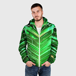Ветровка с капюшоном мужская Зелёные неон полосы киберпанк, цвет: 3D-белый — фото 2