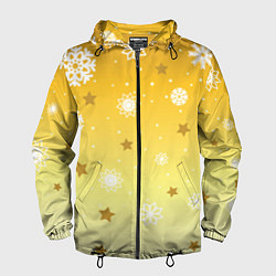 Ветровка с капюшоном мужская Снежинки и звезды на желтом, цвет: 3D-черный
