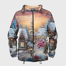 Ветровка с капюшоном мужская Праздник в заснеженном лесу, цвет: 3D-черный