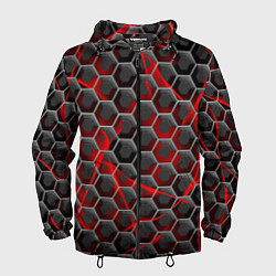 Ветровка с капюшоном мужская Красные узоры шестиугольник, цвет: 3D-черный