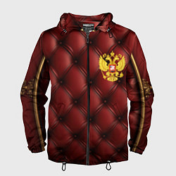 Ветровка с капюшоном мужская Золотой герб России на красном кожаном фоне, цвет: 3D-черный