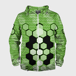 Ветровка с капюшоном мужская Зелёная кибер броня hexagons, цвет: 3D-белый