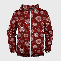 Ветровка с капюшоном мужская Snowflakes on a red background, цвет: 3D-белый