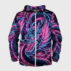 Ветровка с капюшоном мужская Neon Japanese dragon - irezumi, цвет: 3D-белый