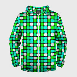 Ветровка с капюшоном мужская Зелёные и белые квадраты, цвет: 3D-белый