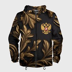 Ветровка с капюшоном мужская Золотой герб России и узоры из листьев, цвет: 3D-черный