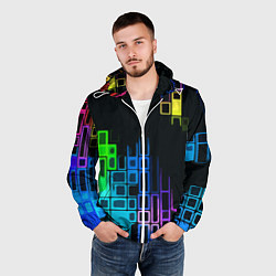 Ветровка с капюшоном мужская Разноцветные прямоугольники на чёрном фоне, цвет: 3D-белый — фото 2