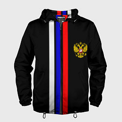 Ветровка с капюшоном мужская Герб РФ триколор полосы, цвет: 3D-черный