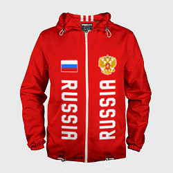 Ветровка с капюшоном мужская Россия три полоски на красном фоне, цвет: 3D-белый