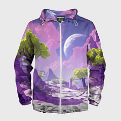 Ветровка с капюшоном мужская Фиолетовые горы зеленые деревья и космос, цвет: 3D-белый