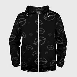 Ветровка с капюшоном мужская Паттерн серый контур губ на чёрном - lips black, цвет: 3D-белый
