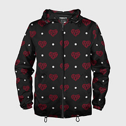 Ветровка с капюшоном мужская Красные сердечки и белые точки на черном, цвет: 3D-черный