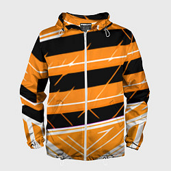 Ветровка с капюшоном мужская Чёрно-белые полосы на оранжевом фоне, цвет: 3D-белый