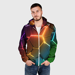 Ветровка с капюшоном мужская Радужные неоновые плиты в разломе, цвет: 3D-белый — фото 2